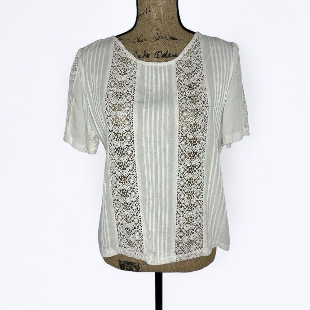 Solitaire Crochet Pintuck Blouse Top Womens Sz S Cream Festival Boho Beach